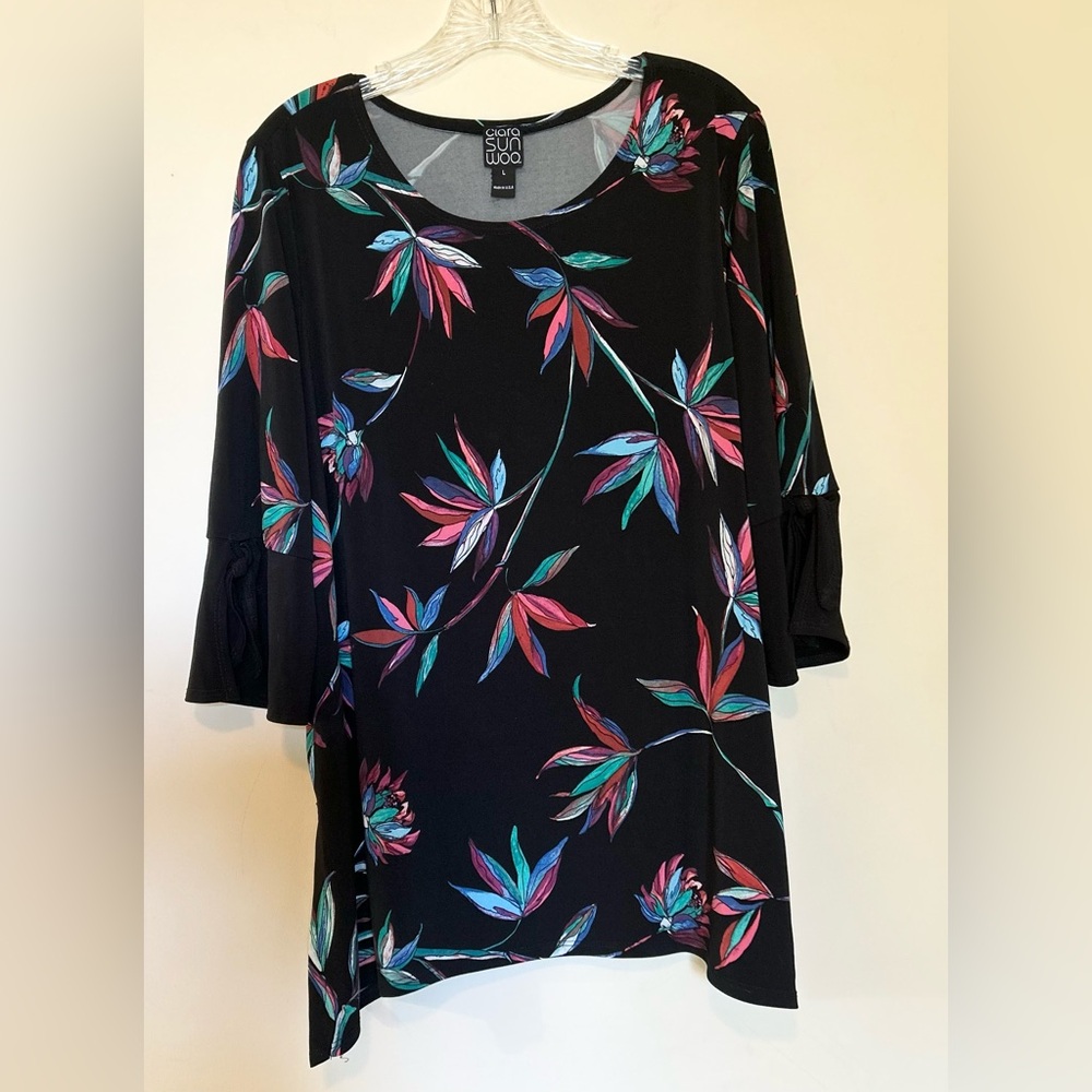 Sun & Shadow Black Top with Colorful Floral Design